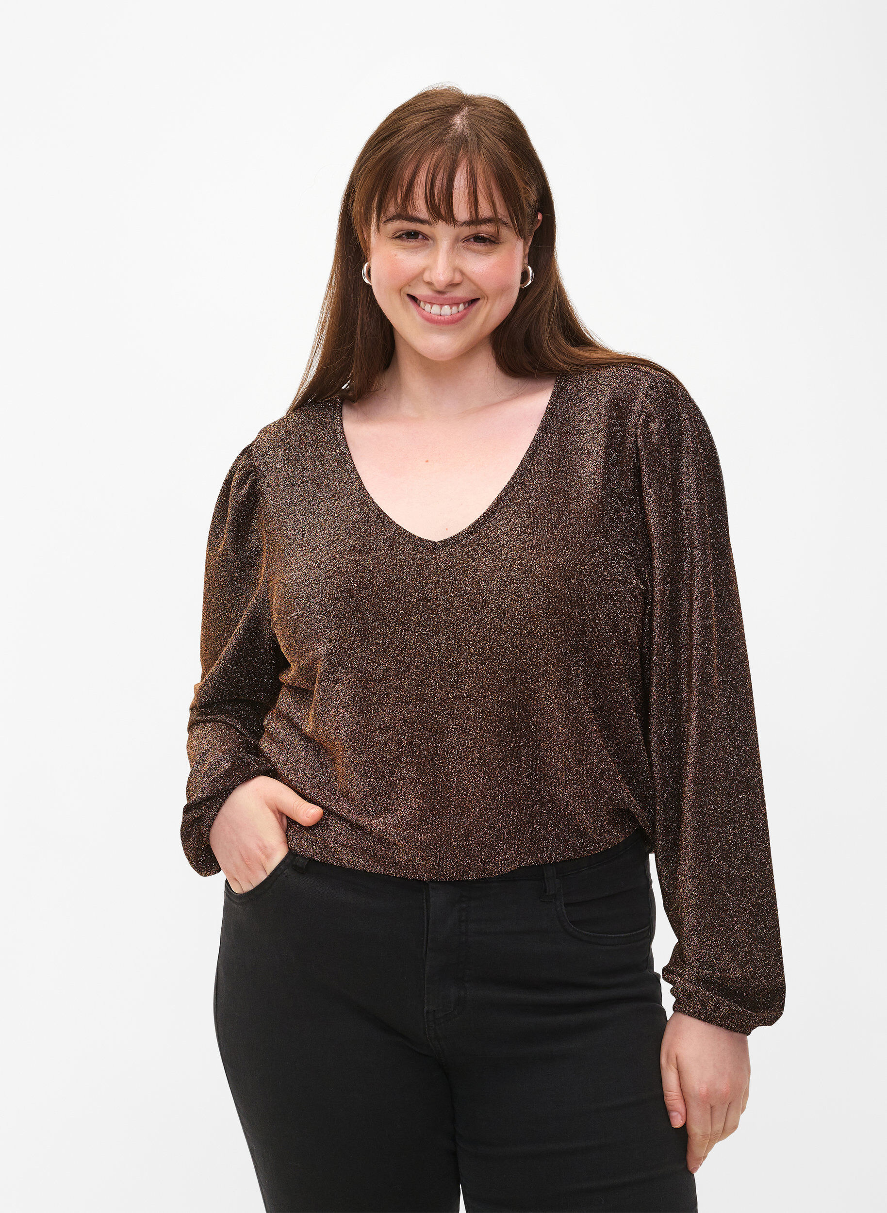 Zizzi Glitzerbluse mit Puff&auml;rmeln, Black Copper, Model image number 0