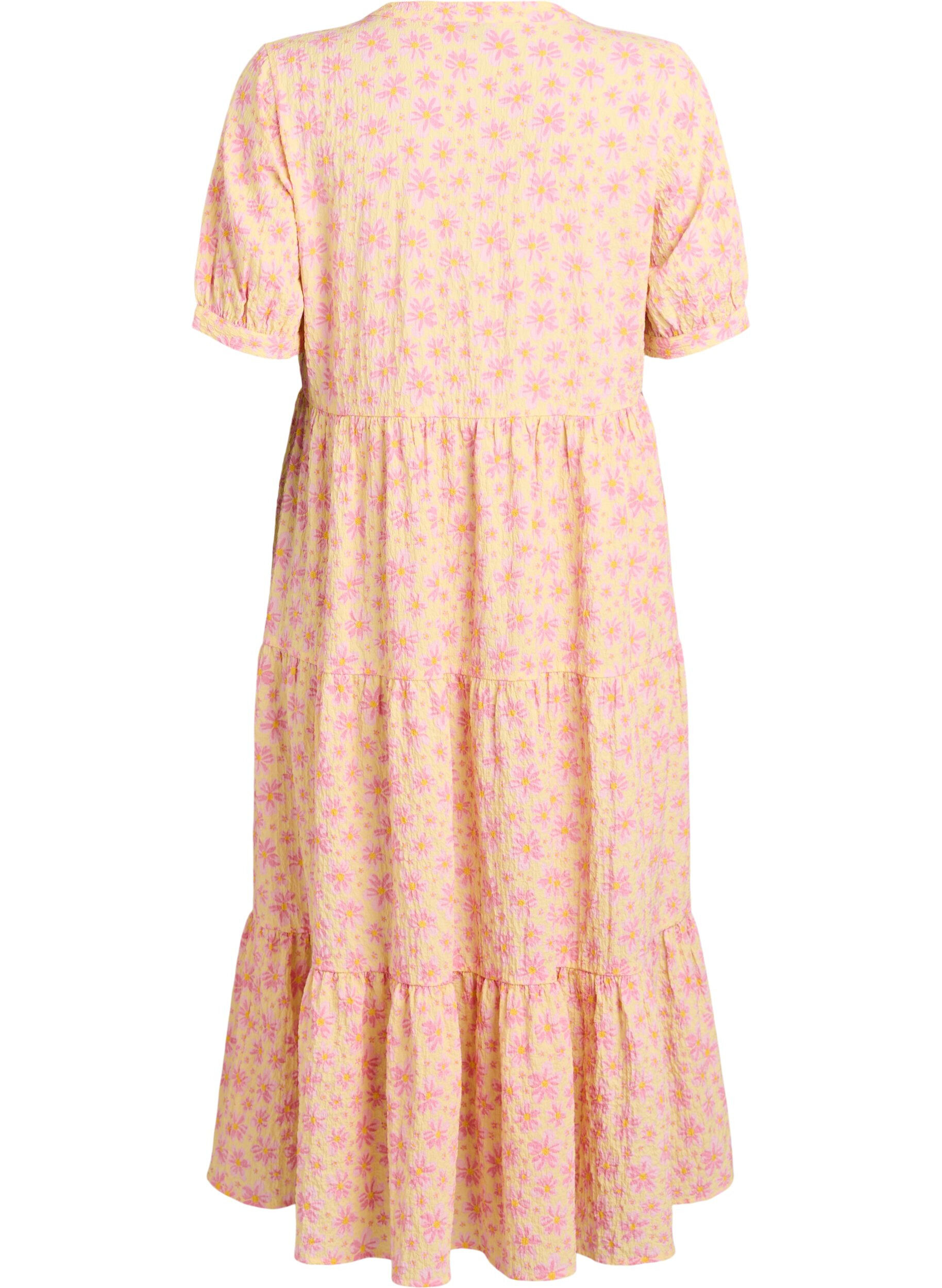 ZizziKn&ouml;chellanges Kleid mit kurzen &Auml;rmeln und gestuften Volants, Gelb, Packshot image number 1