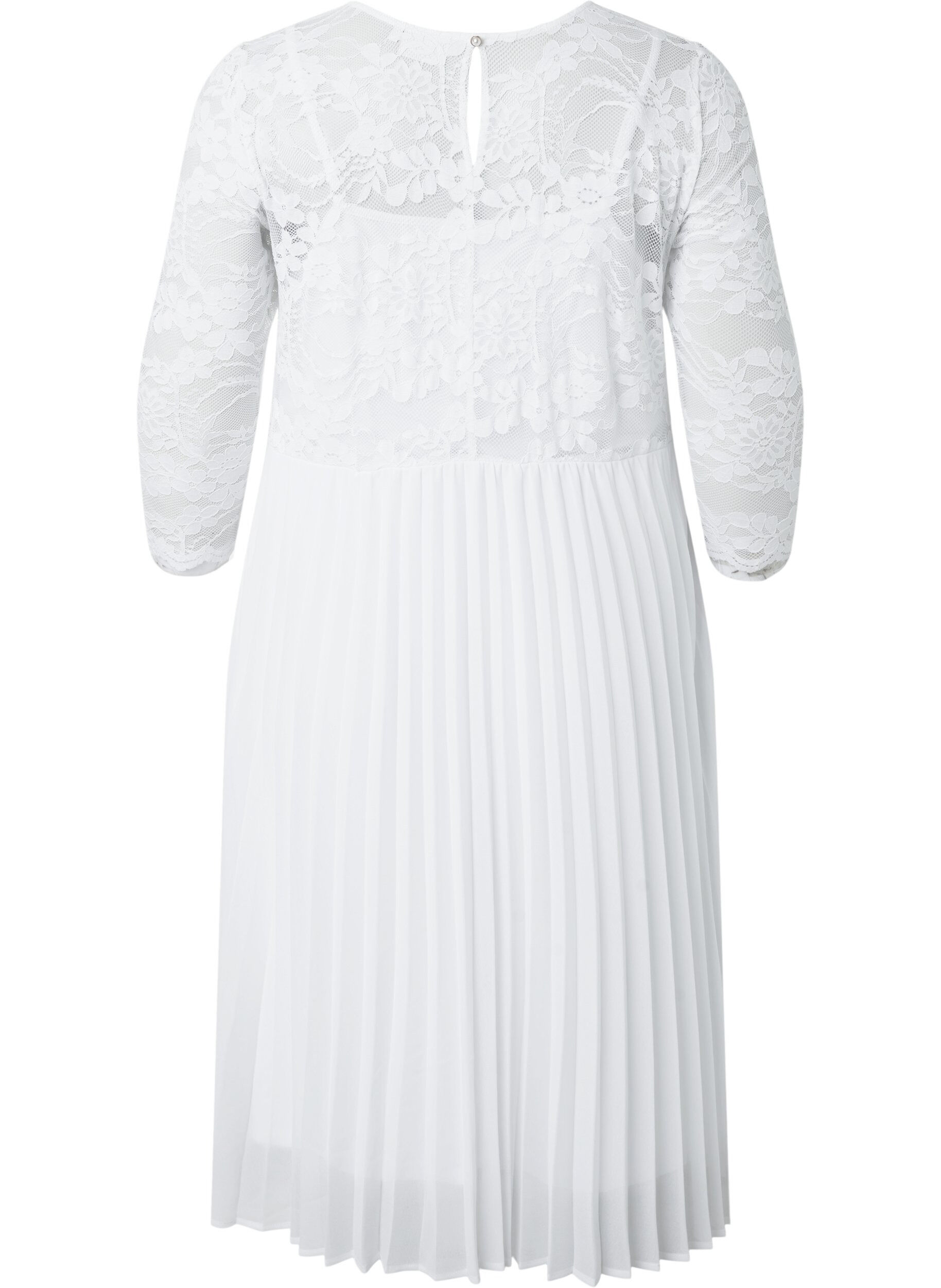 ZizziPlissiertes Kleid mit Spitze und 3/4-&Auml;rmeln, Bright White, Packshot image number 1