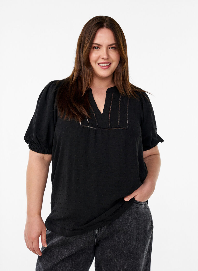 Bluse mit kurzen Puffärmeln und gepunkteter Textur, Black, Model image number 0