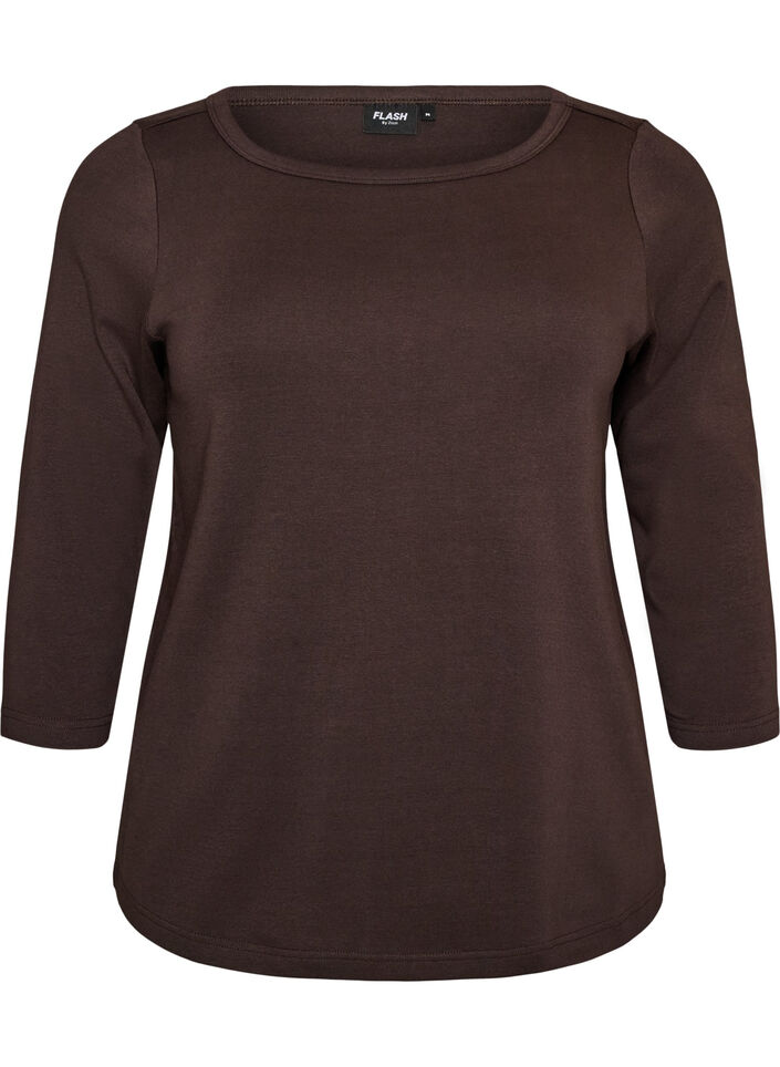 Basic-T-Shirt mit U-Boot-Ausschnitt und 3/4-&Auml;rmeln, Braun, Packshot image number 0