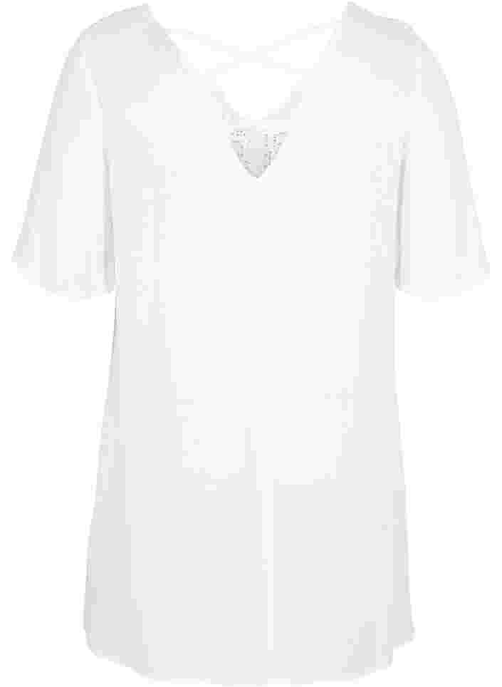 Kurzarm Viskosetunika mit Spitzendetails, Off White, Packshot image number 1