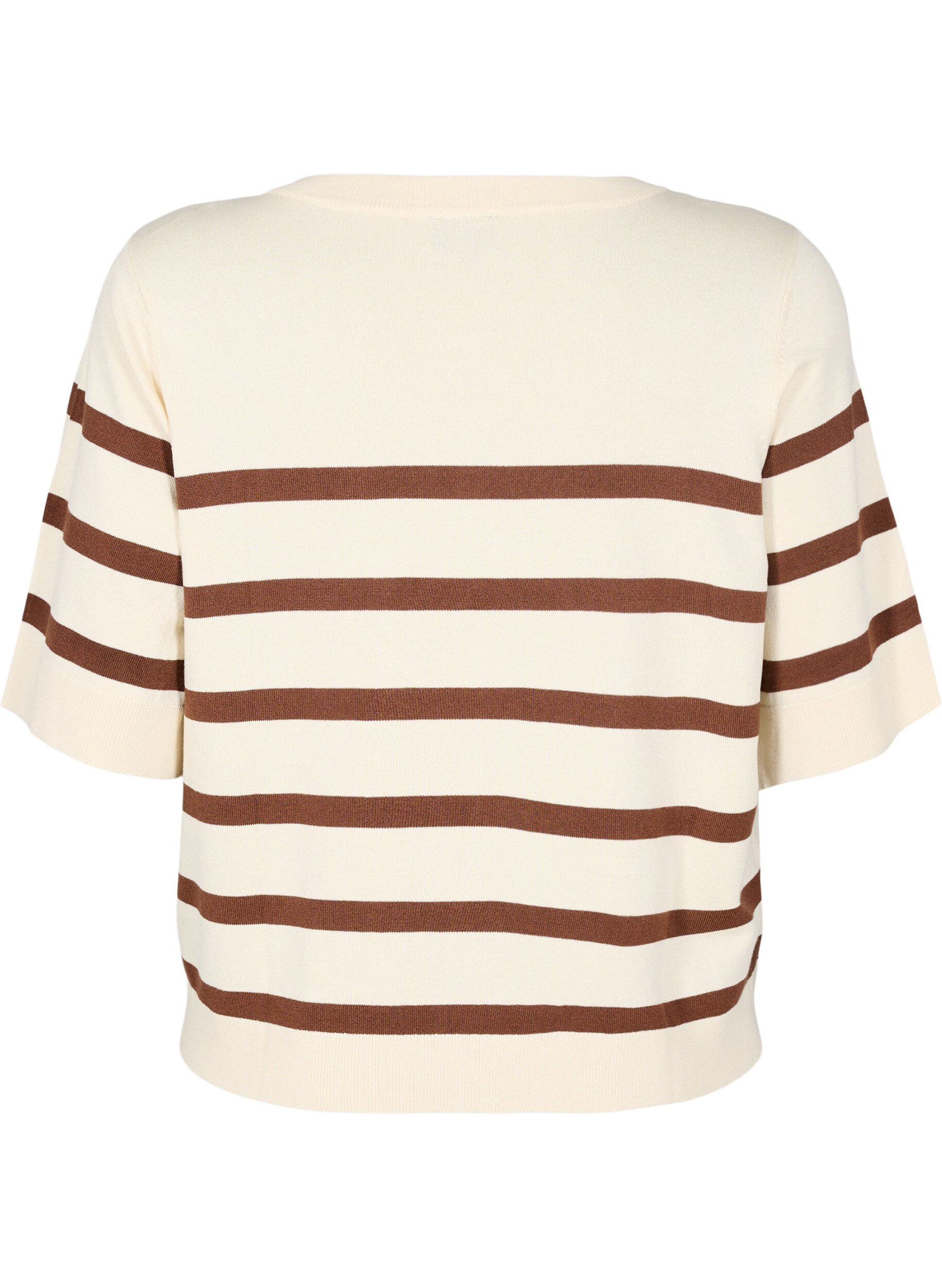 ZizziGestreiftes Stricktop mit kurzen &Auml;rmeln, Beige, Packshot image number 1