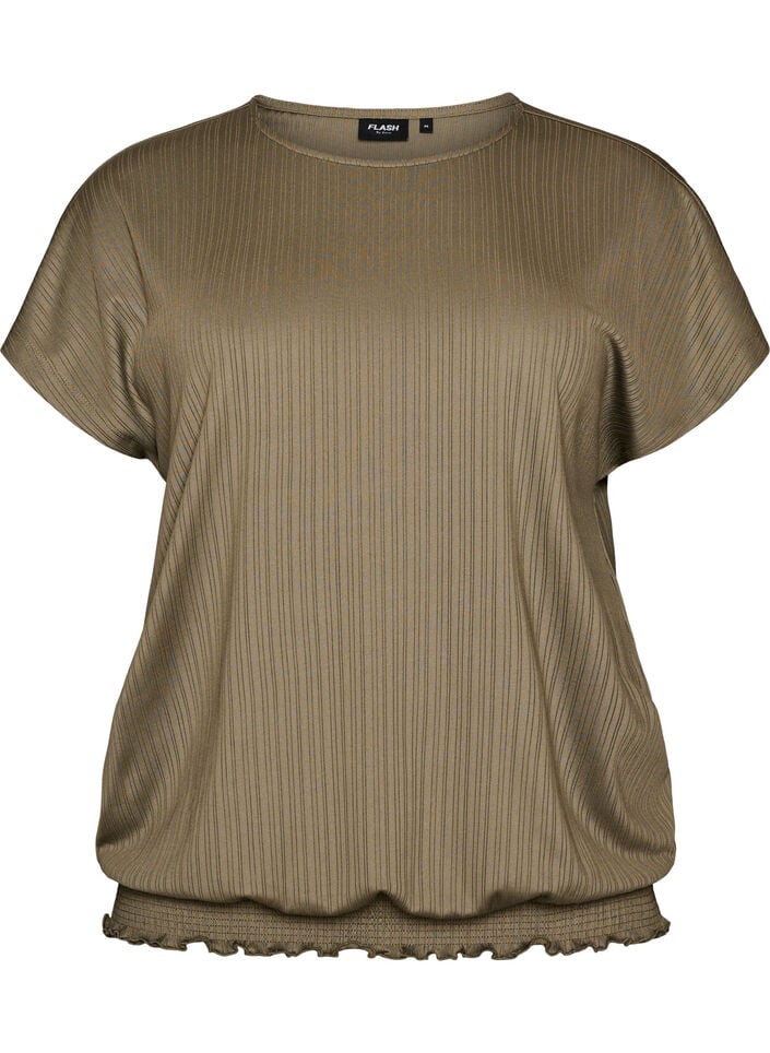 Jersey-Bluse mit strukturierten Streifen und Smocksaum, Braun, Packshot image number 0