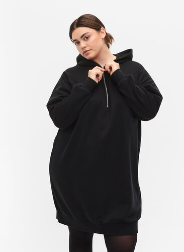 Pulloverkleid mit Kapuze und Reißverschluss, Black, Model image number 0