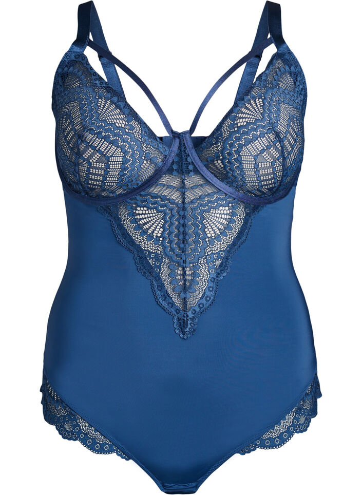 B&uuml;gel-Spitzenbody mit Tr&auml;gerdetails, Blau, Packshot image number 0
