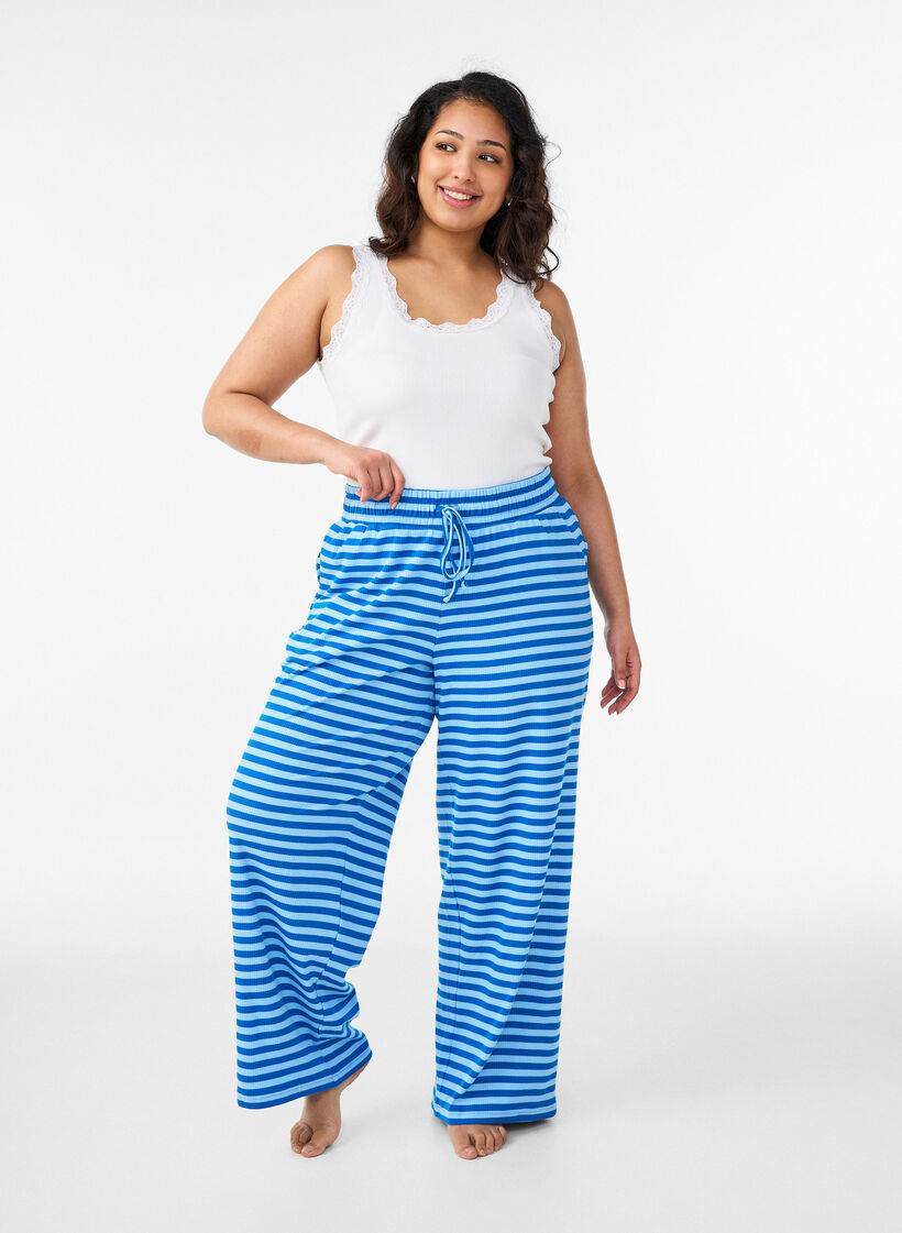 Gestreifte Schlafanzughose mit hoher Taille und weiten Beinen, Blau, Model image number 0