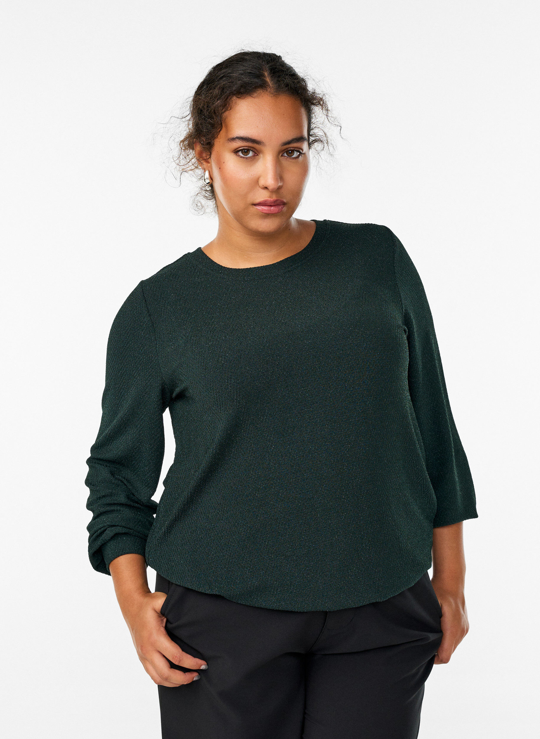 Bluse mit Fischgr&auml;tmuster und Glitzerfaden, Gr&uuml;n, Model