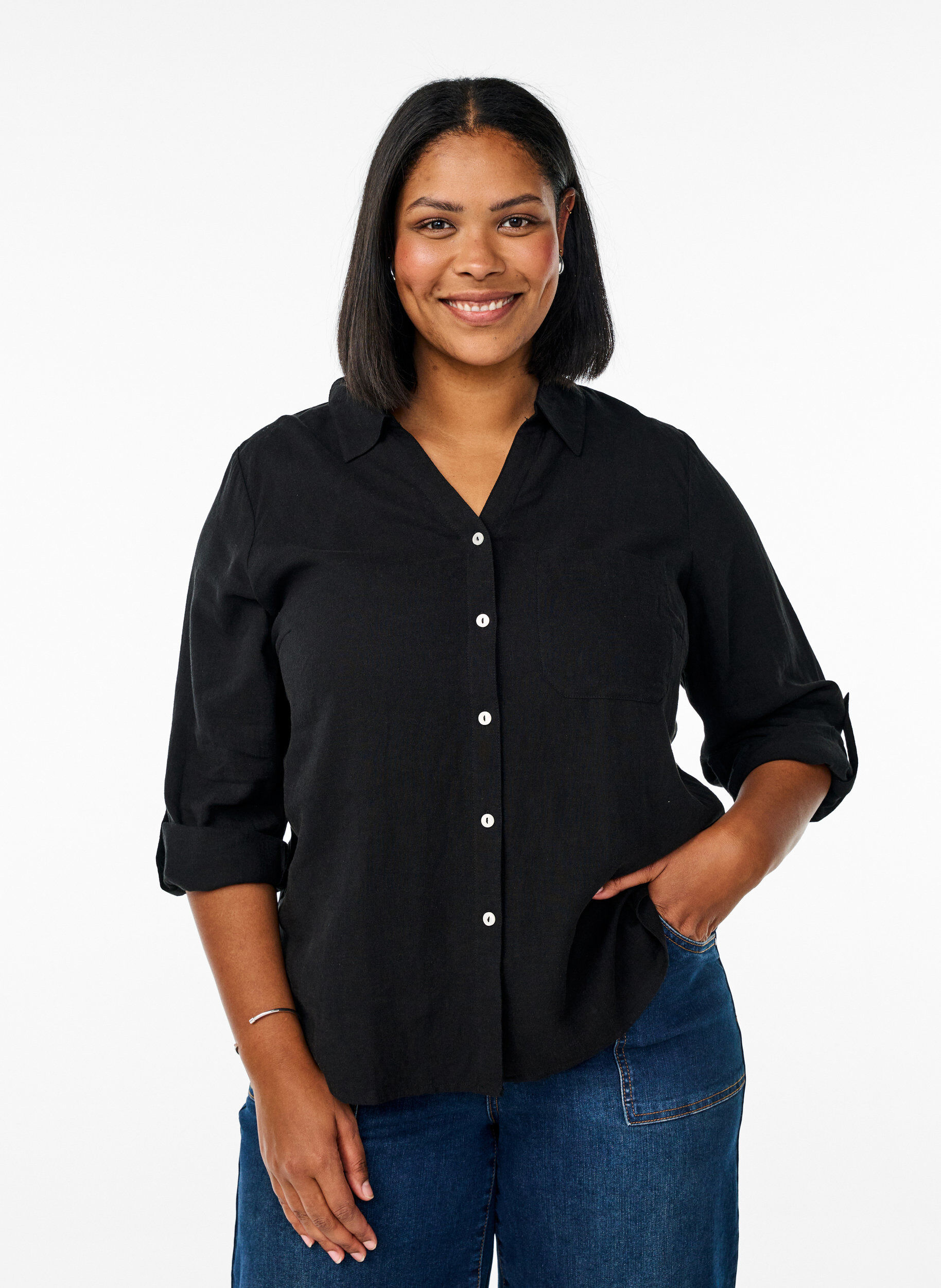 ZizziBluse aus Leinen und Viskose mit 3/4-&Auml;rmeln, Schwarz, Model image number 0