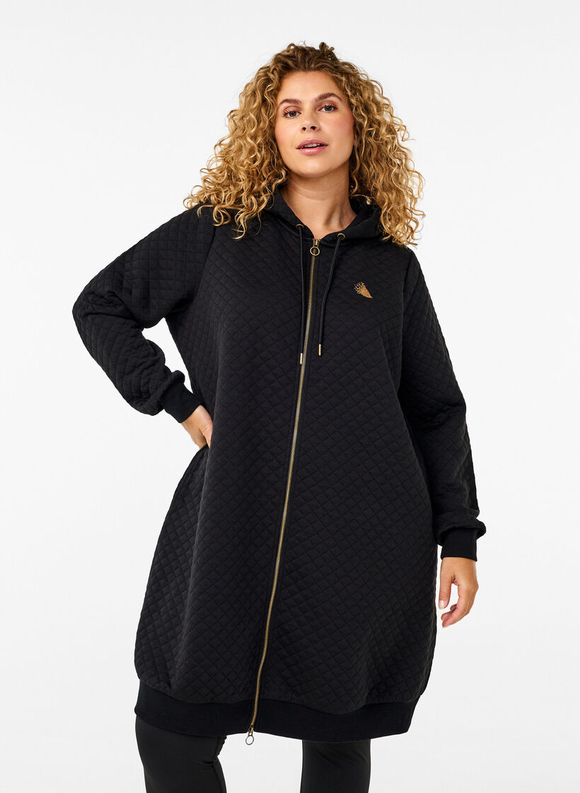 Lange gesteppte Sportstrickjacke mit Reißverschluss, Schwarz, Model image number 0