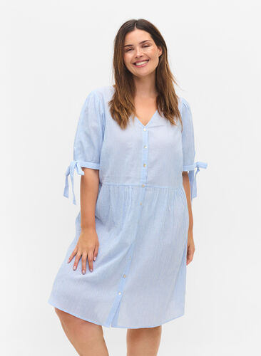 Gestreiftes Hemdkleid aus Baumwolle, Blue Stripe, Model image number 0