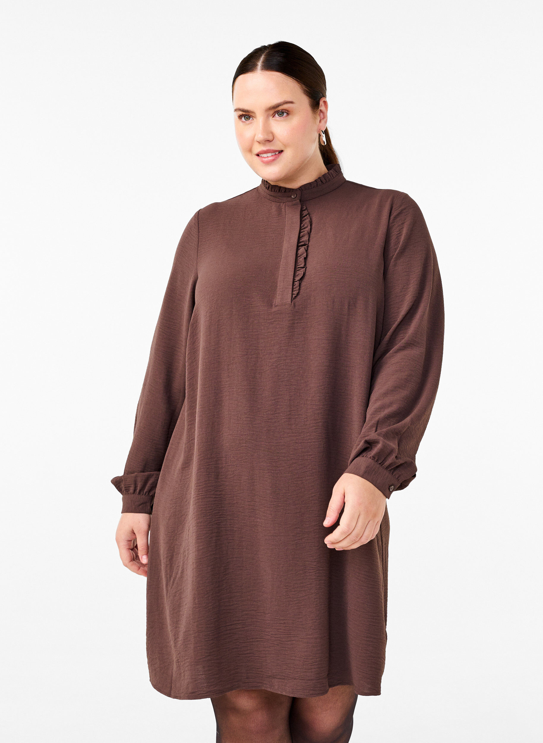 ZizziKleid mit langen &Auml;rmeln und R&uuml;schen-Detail, Chocolate Martini, Model image number 0