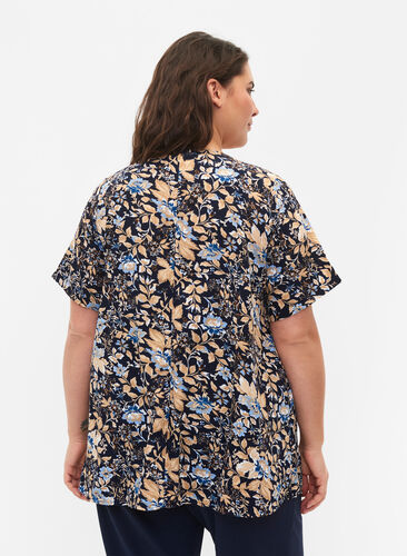 FLASH – Kurzärmelige Bluse mit Print, Brown Blue Flower, Model image number 1