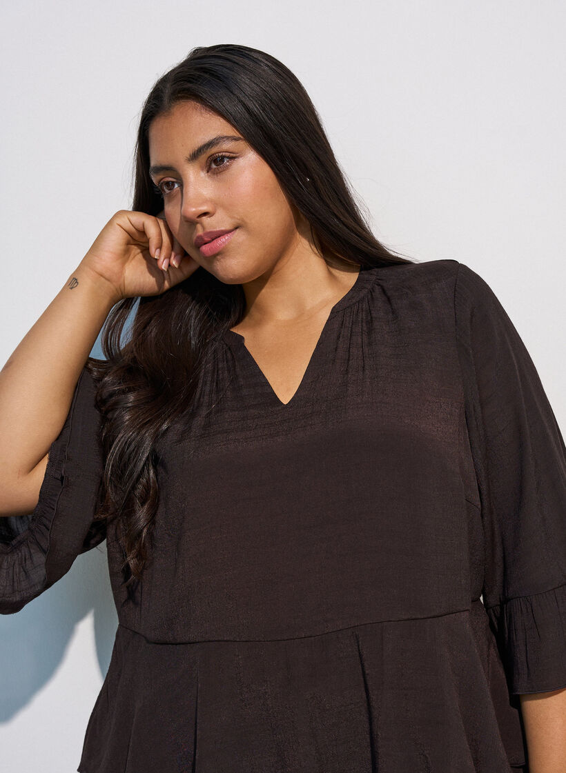 Bluse mit 3/4-&Auml;rmeln und R&uuml;schendetails, Braun, Model image number 3
