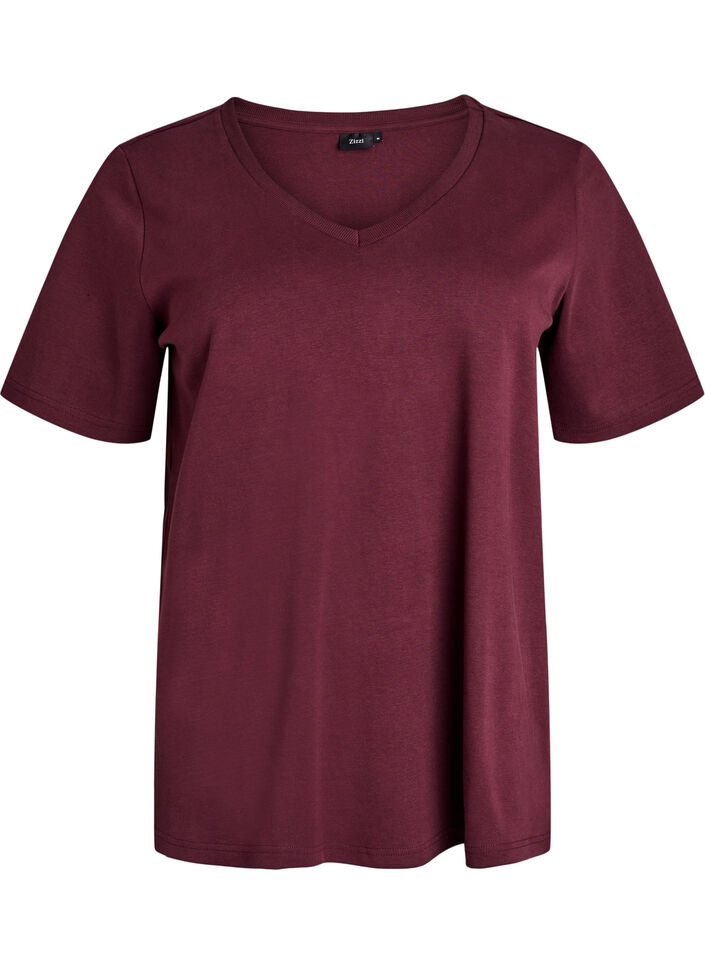 Basic-T-Shirt mit V-Ausschnitt aus Bio-Baumwolle, Dunkles Bordeaux, Packshot image number 0