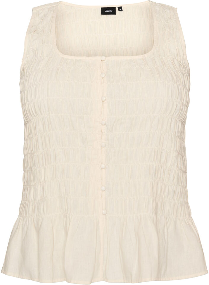 &Auml;rmelloses Top aus Baumwolle und Leinen mit Smock, Vanille, Packshot image number 0