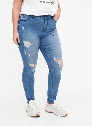 Amy-Jeans mit superschmaler Passform und gerippten Details, Blue denim, Model image number 2