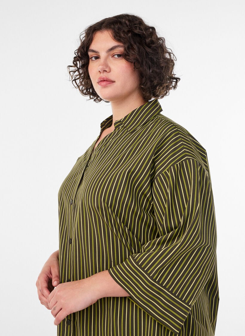 Lockere gestreifte Bluse mit 3/4-&Auml;rmeln, Gr&uuml;n, Model image number 3