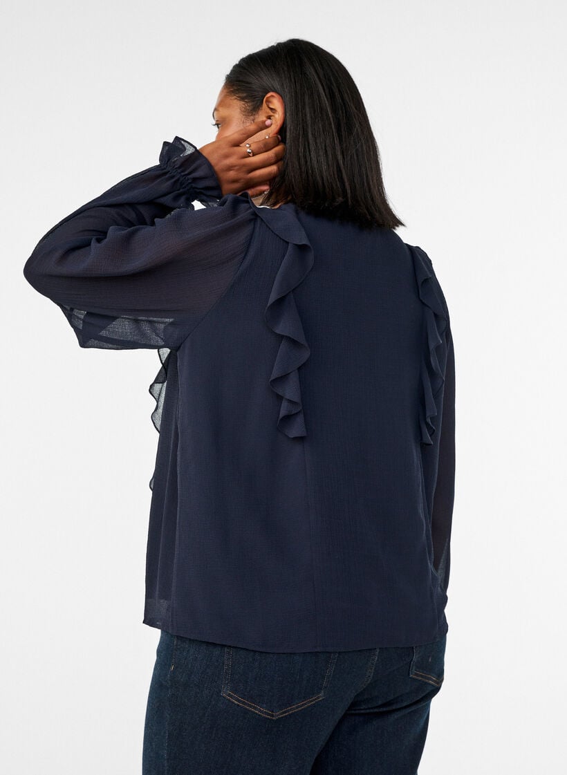 Transparente Bluse mit R&uuml;schen und Bindeband, Blau, Model image number 2