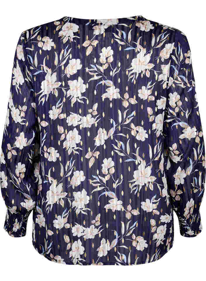 Bedruckte Bluse mit Smock und V-Ausschnitt, Blue Flower, Packshot image number 1