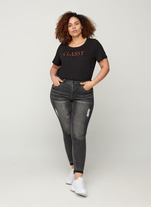 Kurzarm T-Shirt aus Baumwolle mit A-Linie, Black, Model image number 2
