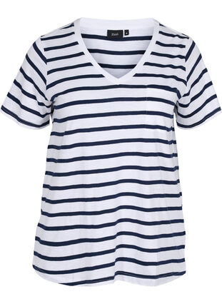 Gestreiftes Baumwolle T-Shirt mit V-Ausschnitt, White Navy B Stripe, Packshot image number 0