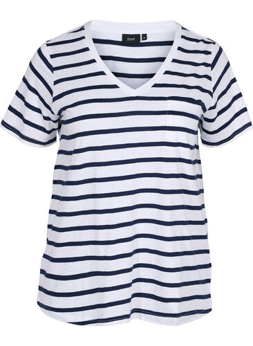 Gestreiftes Baumwolle T-Shirt mit V-Ausschnitt, White Navy B Stripe, Packshot image number 0