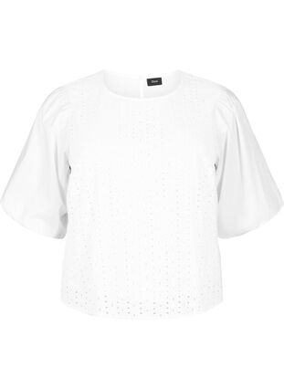 Bluse mit Puffärmeln und Spitzenmuster, Bright White, Packshot image number 0