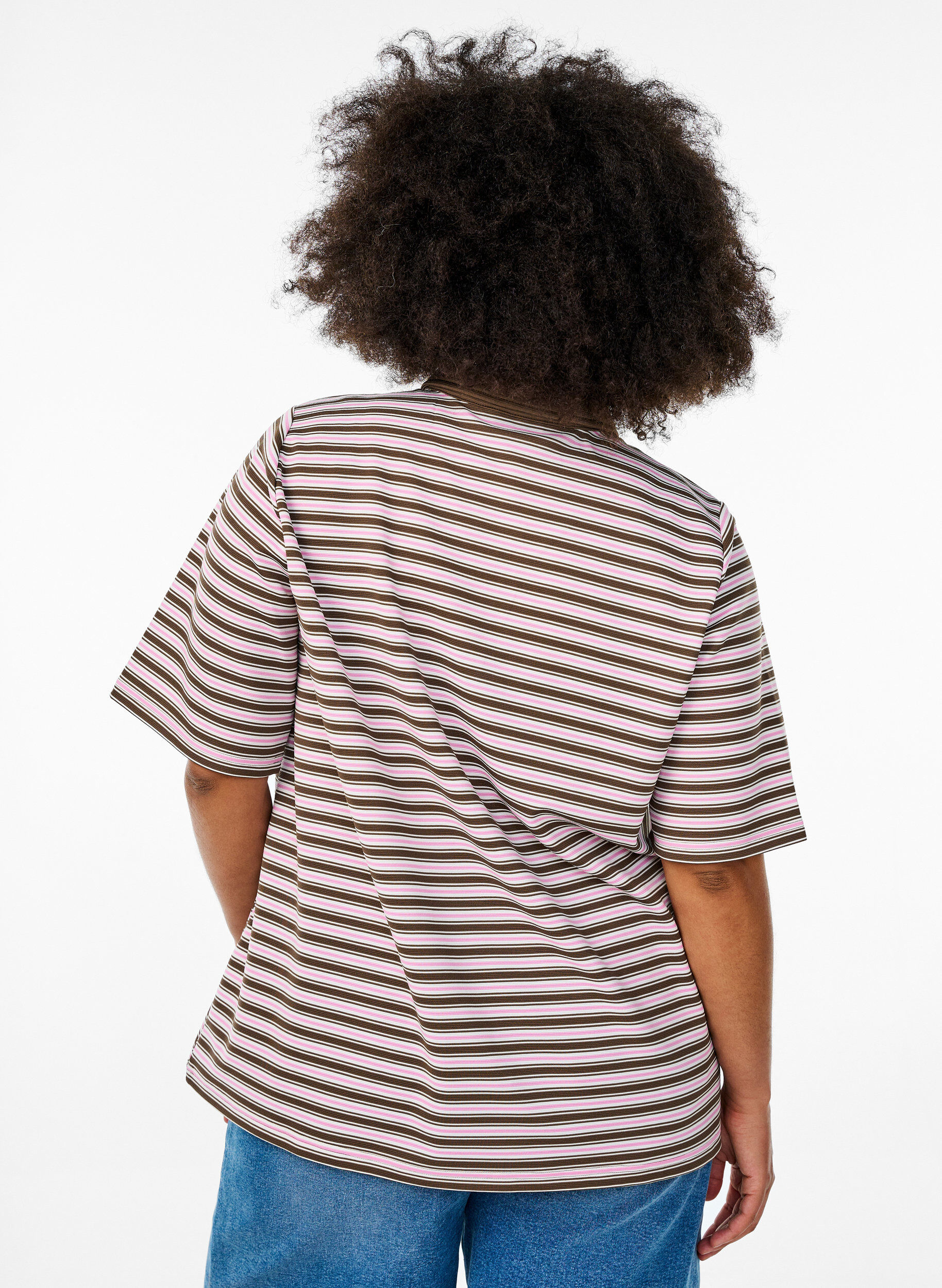 ZizziKurz&auml;rmliges Poloshirt mit Streifen und Rei&szlig;verschluss, Braun, Model image number 2