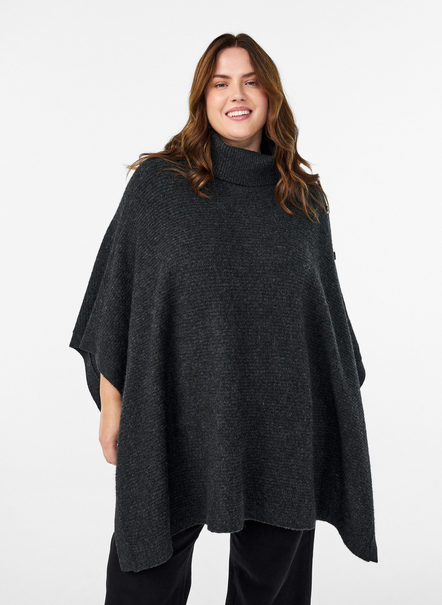 Poncho mit Rollkragen und Knopfdetail, Grau, Model