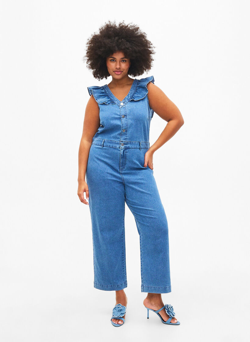 Denim-Jumpsuit mit Rüschen, Light Blue Denim, Model image number 0