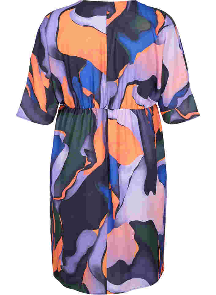 Midi Kleid mit V-Ausschnitt und farbigem Druck, Big Scale Print, Packshot image number 1