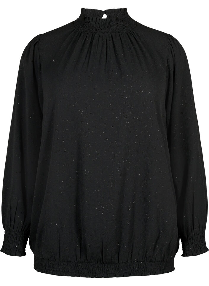 FLASH – Langärmelige gesmockteBluse mit Glitzer-Details	, Black w. Silver, Packshot image number 0