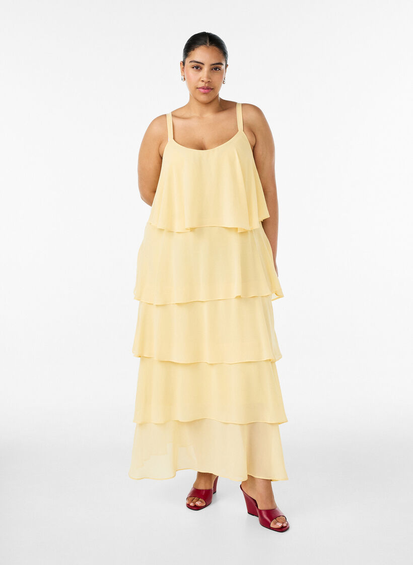 Maxikleid mit R&uuml;schen-Volants und abnehmbarem Cape, Gelb, Model image number 0