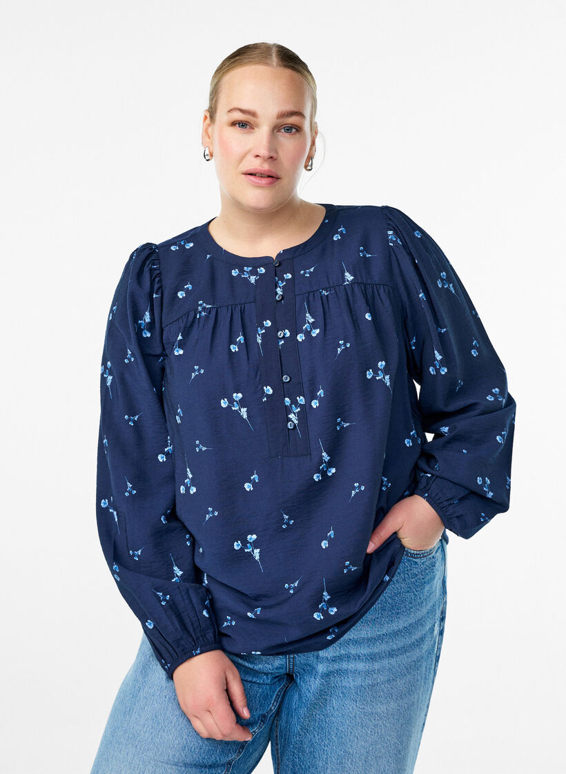 Bluse mit Knopfverschluss und kleinen Blumen, Blau, Model image number 0