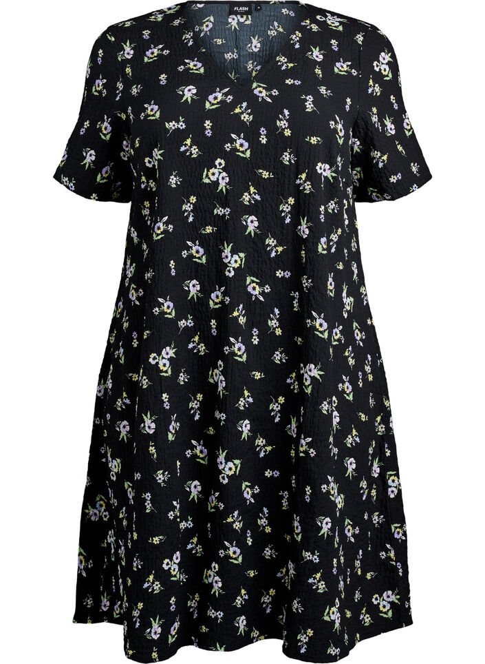 Kleid mit kurzen &Auml;rmeln und V-Ausschnitt, Schwarz, Packshot image number 0