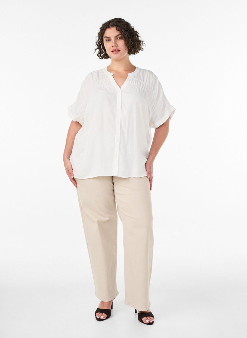 Bluse aus Viskose mit kurzen &Auml;rmeln und Raffdetails, Vanille, Model image number 1