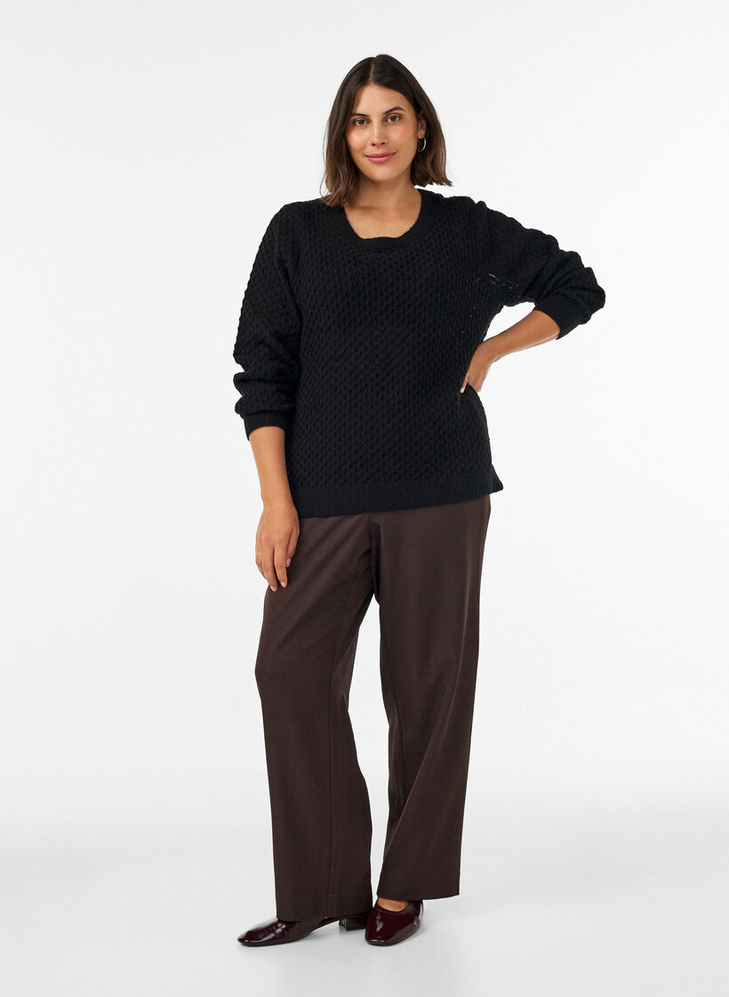 Strickbluse mit strukturiertem Lochmuster, Schwarz, Model image number 1