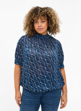 Kurzärmelige gesmokte Bluse mit Print, Dress Bl. Swirl AOP, Model image number 0
