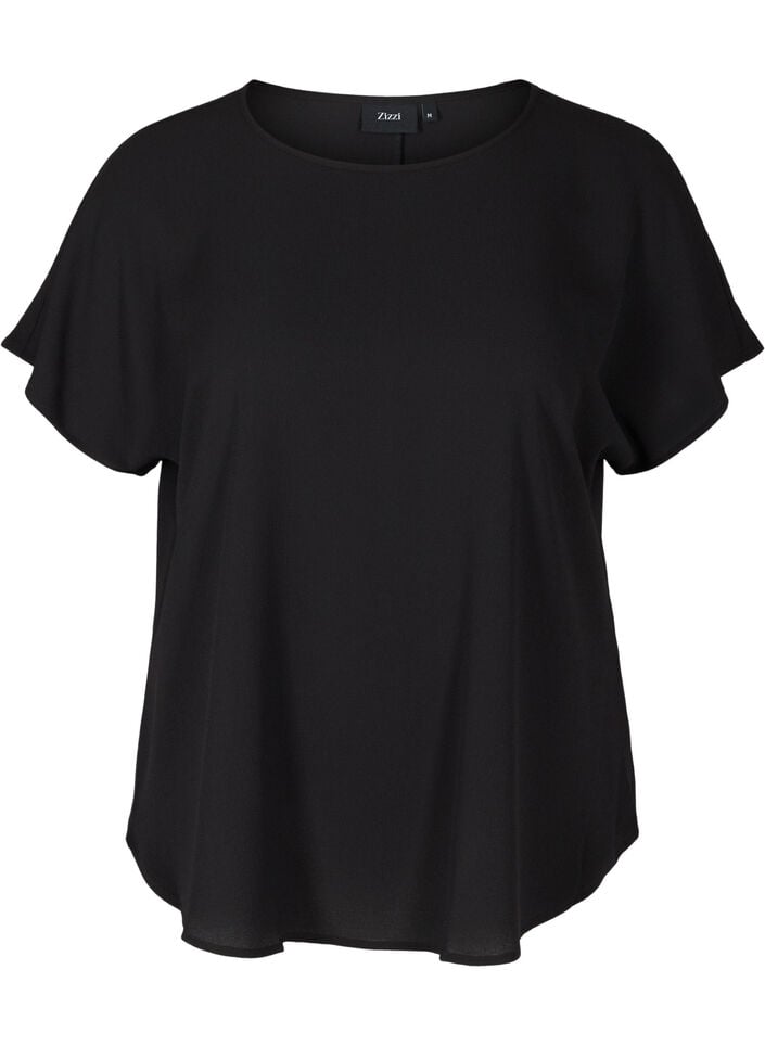 Bluse mit kurzen &Auml;rmeln und Rundhalsausschnitt, Schwarz, Packshot image number 0