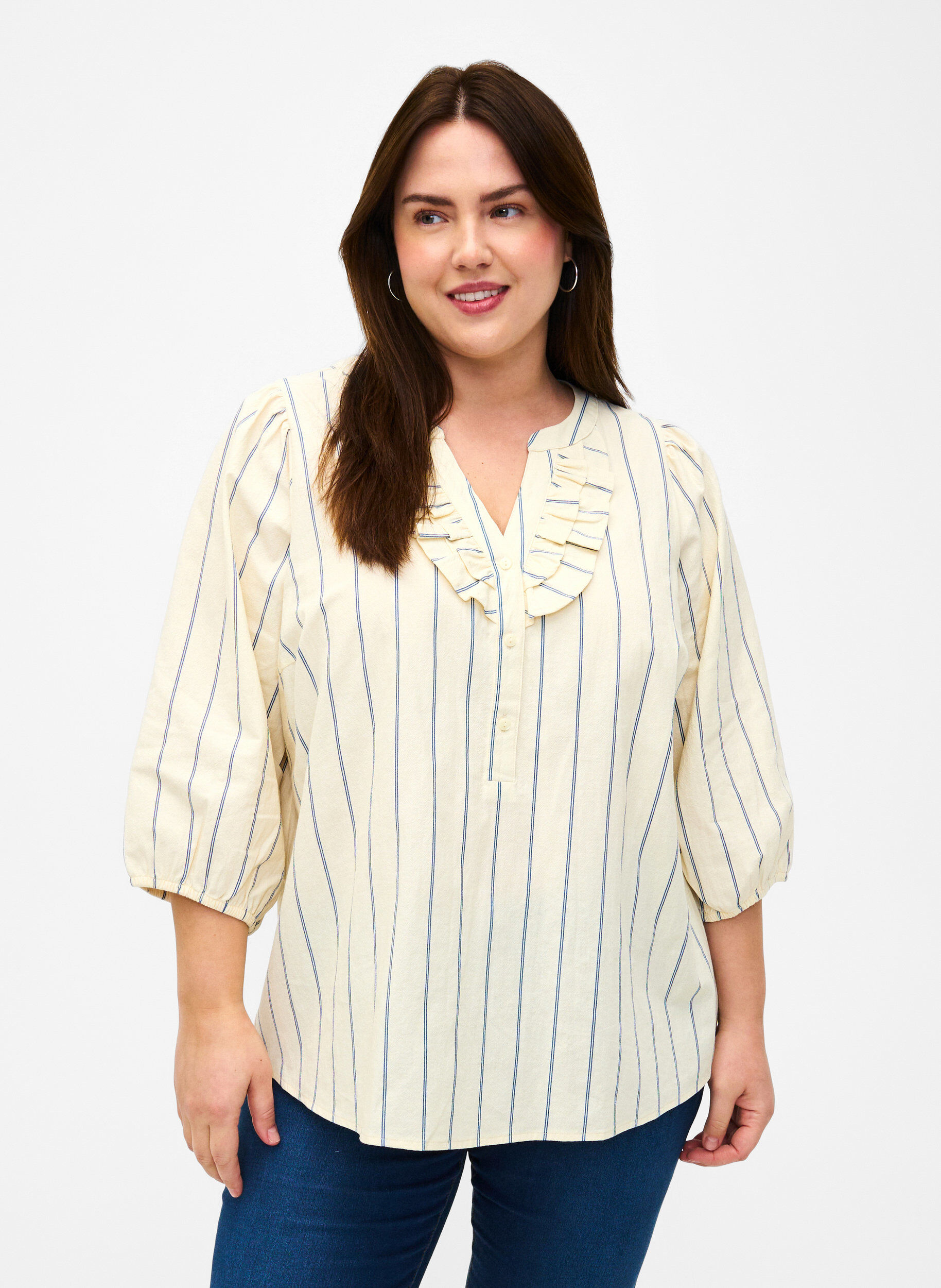 Zizzi Baumwollbluse mit 3/4-&Auml;rmeln und Streifen, Eggnog Stripe, Model image number 0