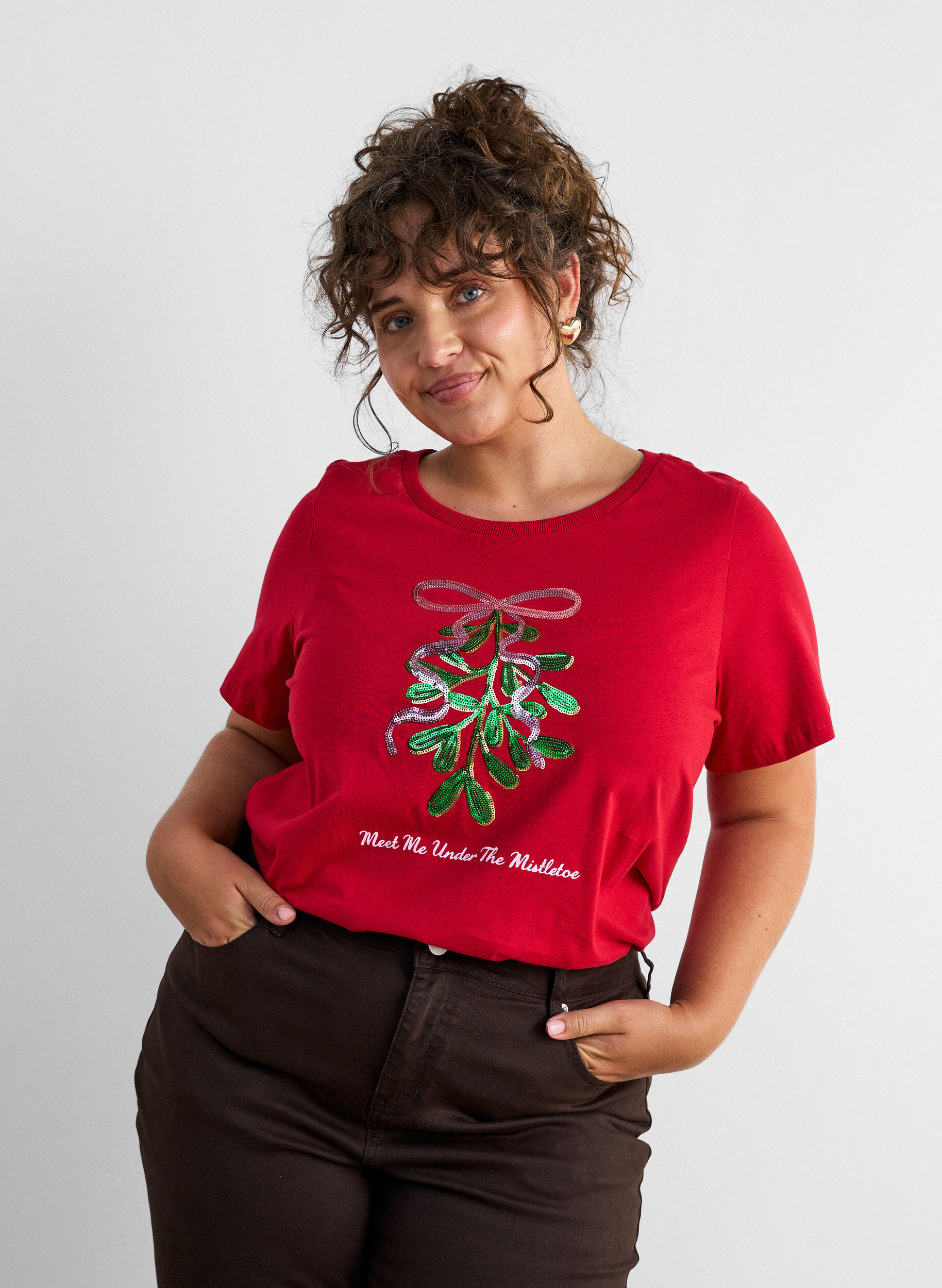 ZizziWeihnachts-T-Shirt aus Bio-Baumwolle, Rot, Model image number 0