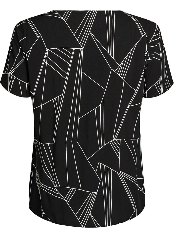 Kurz&auml;rmelige Bluse aus Viskose mit Print, Schwarz, Packshot image number 1
