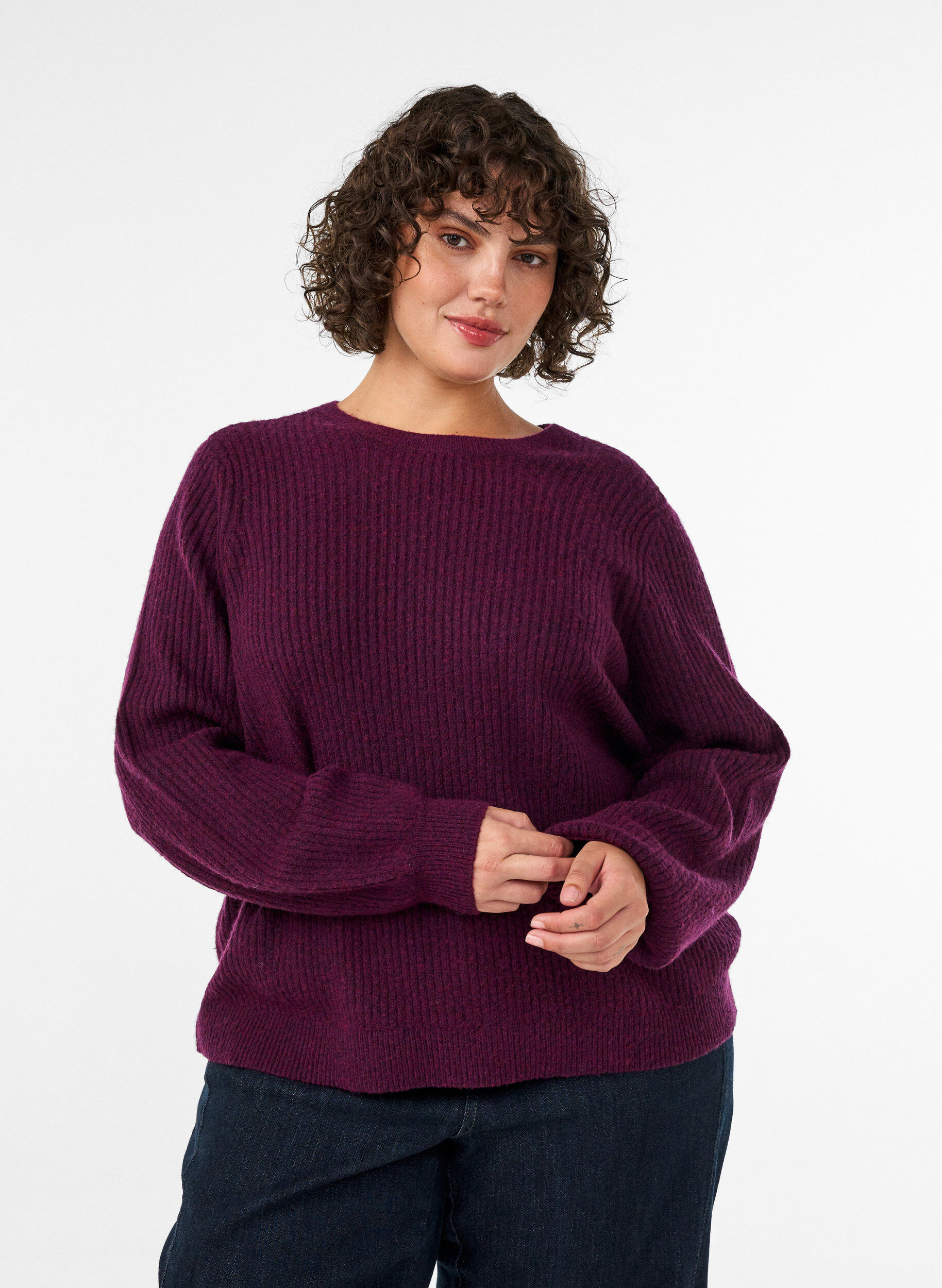 ZizziGerippter Pullover mit Ballon&auml;rmeln, Lila, Model image number 3