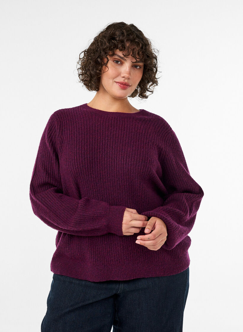 Gerippter Pullover mit Ballon&auml;rmeln, Lila, Model image number 3
