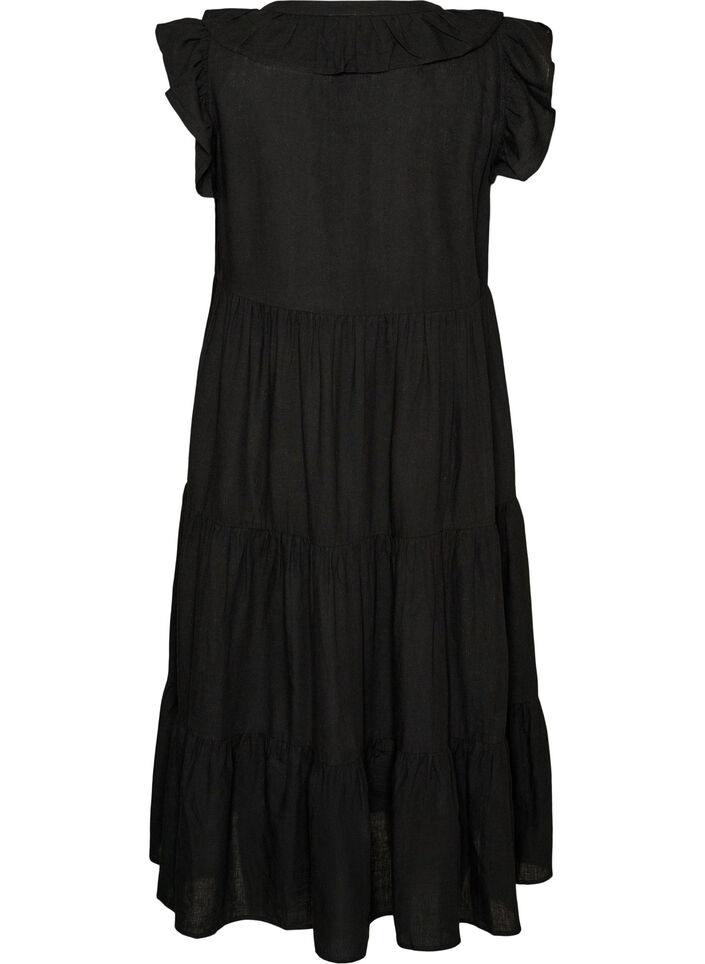 &Auml;rmelloses Midikleid aus Leinen und Viskose mit R&uuml;schen, Schwarz, Packshot image number 1