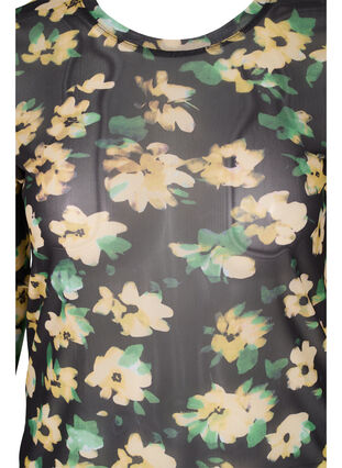 Enganliegende Mesh-Bluse mit Blumenmuster, Yellow Green AOP, Packshot image number 2