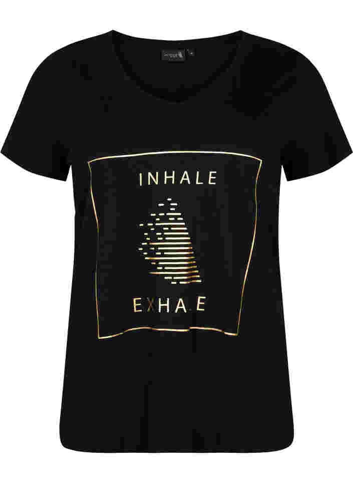 Trainings-T-Shirt aus Baumwolle mit Aufdruck, Black w. inhale logo, Packshot image number 0