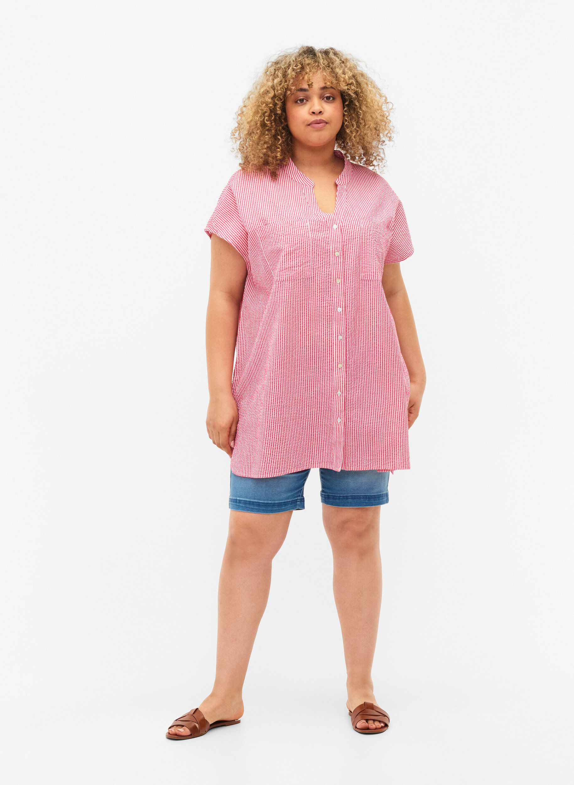 ZizziKurz&auml;rmeliges Baumwollhemd mit Streifen, Beetroot P. Stripe, Model image number 2