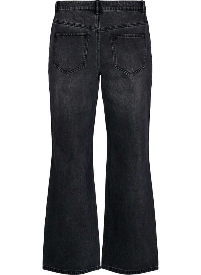 High-Waist-Jeans in gerader Passform mit Strasssteinen, Grau, Packshot image number 1